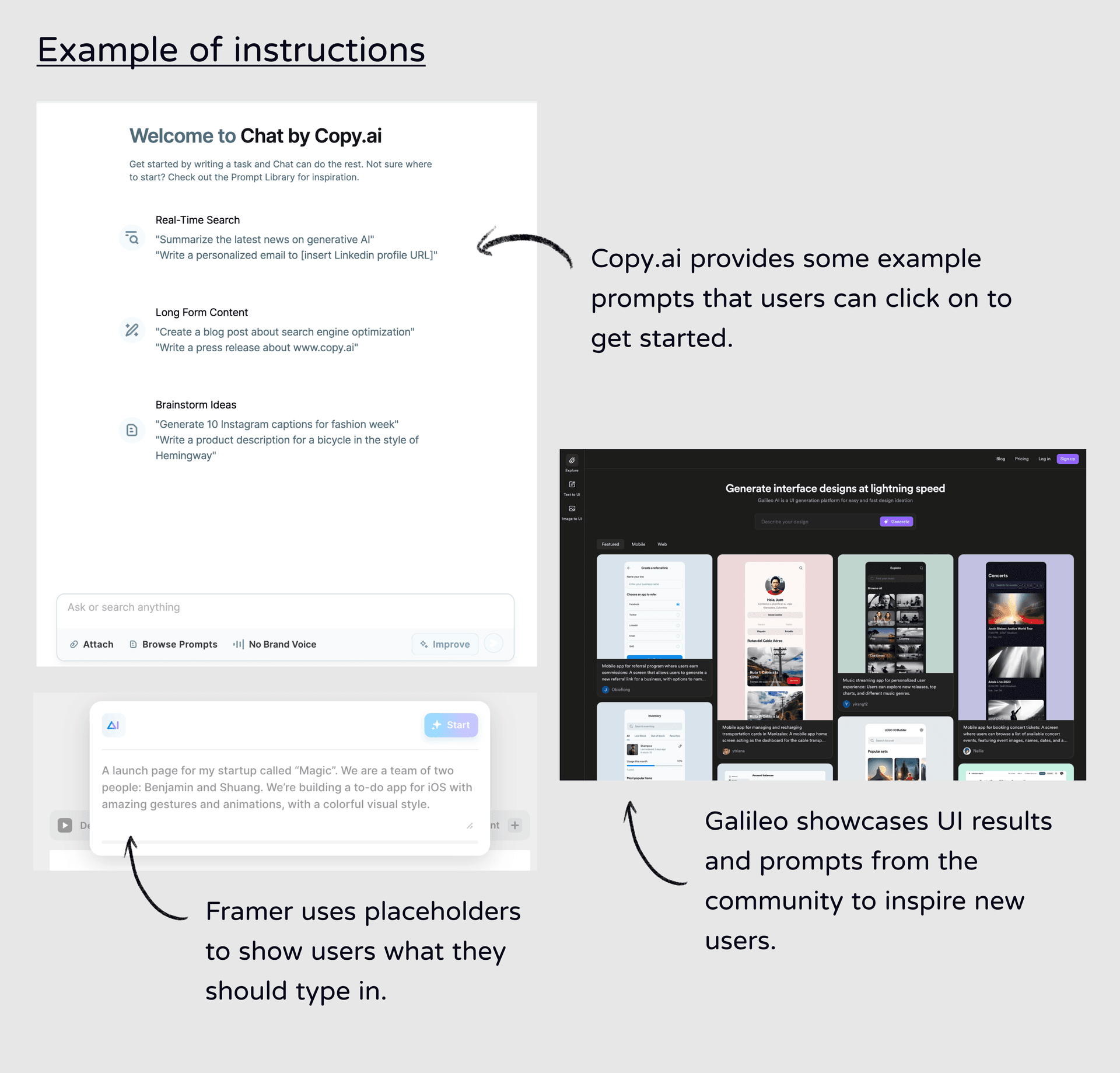 Copy.AI、Framer和Galileo的一些示例