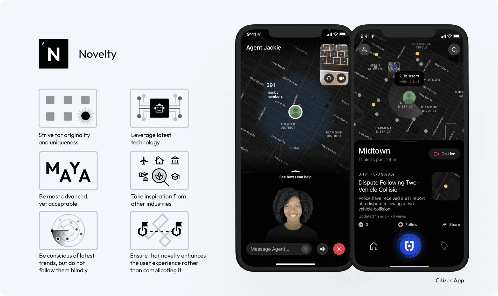 Citizen 的个人安全网络让用户能够保护自己和他们的社区。其个人代理概念的整合既创新又用户友好，提供了一个新颖但合乎逻辑的体验增强。