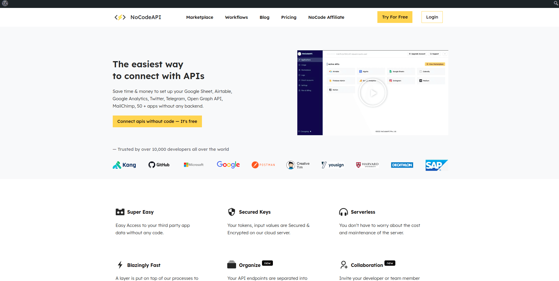 NoCodeAPI 网站截图：https://nocodeapi.com/