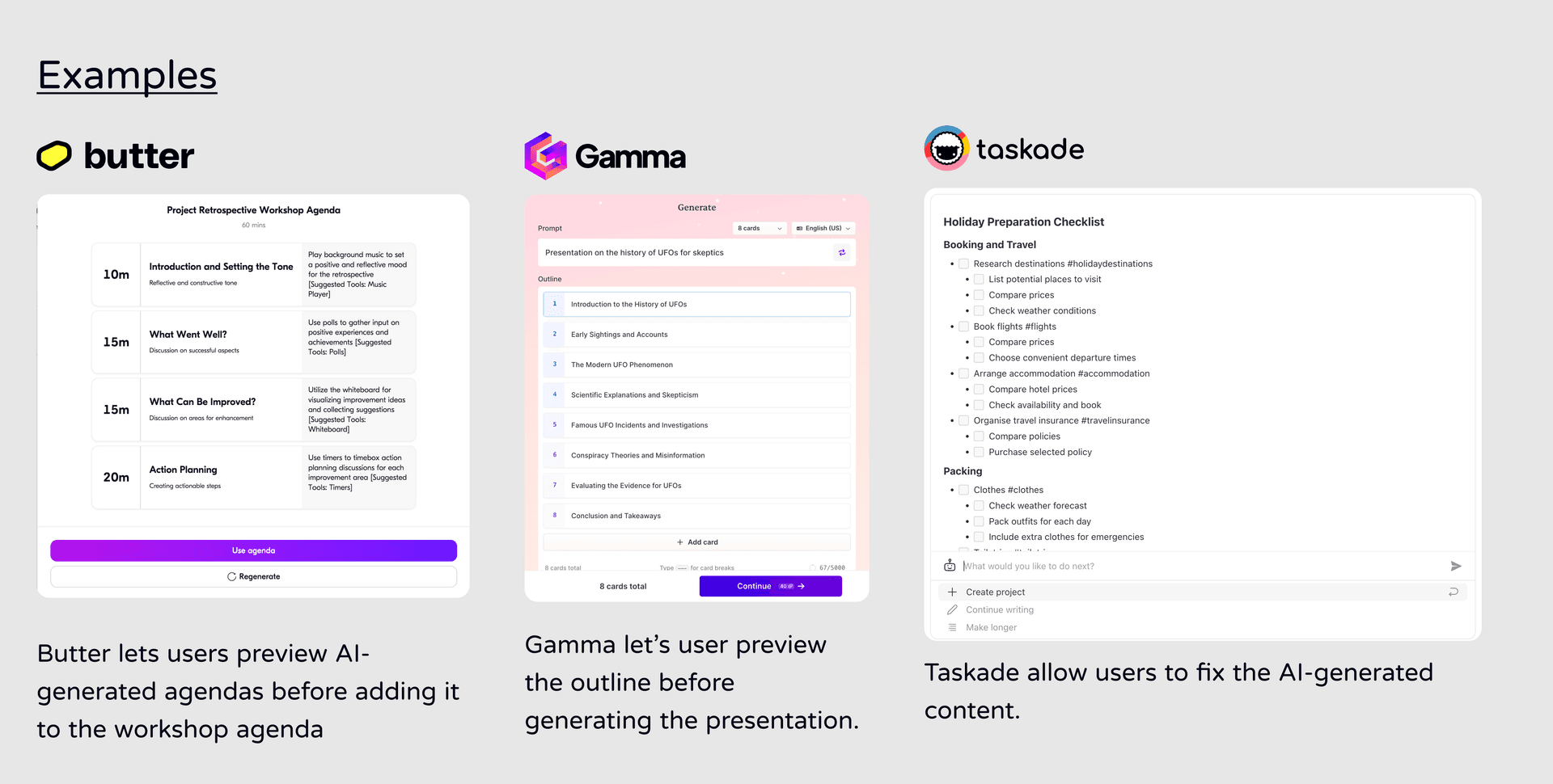 Butter、Gamma 和 Taskade 允许用户查看 AI 生成内容的示例