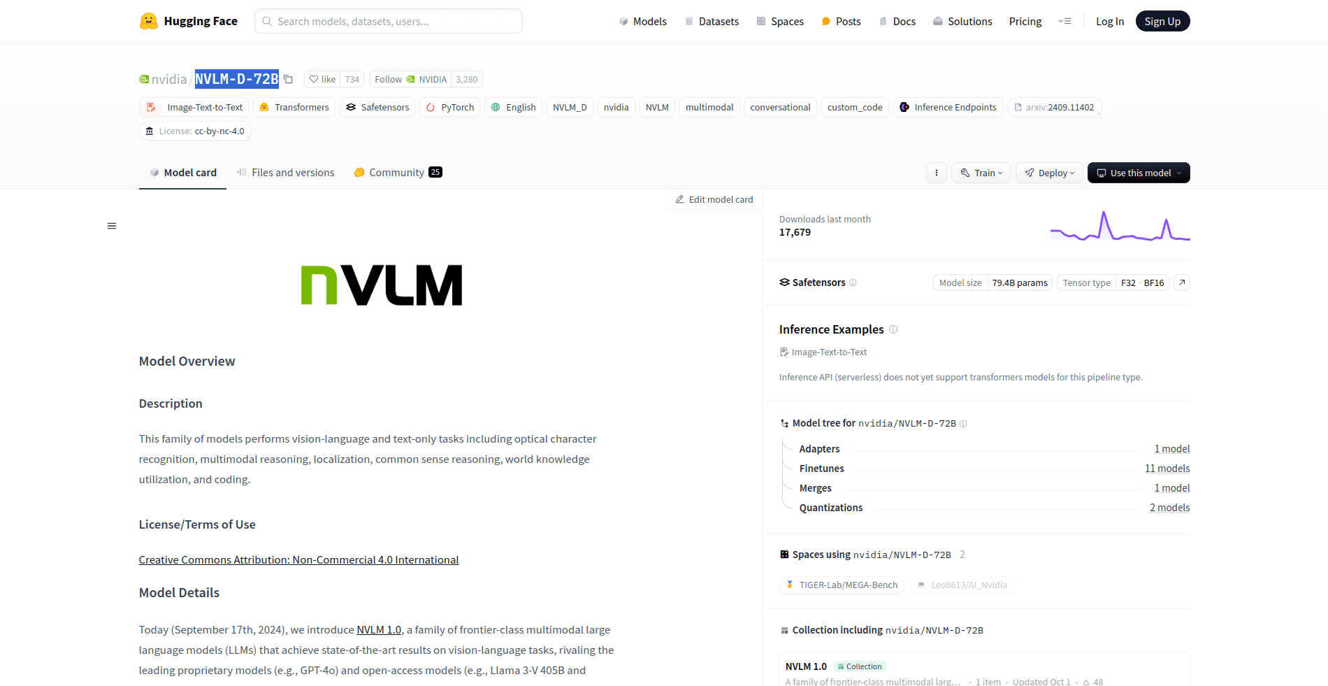 网站截图: https://huggingface.co/nvidia/NVLM-D-72B